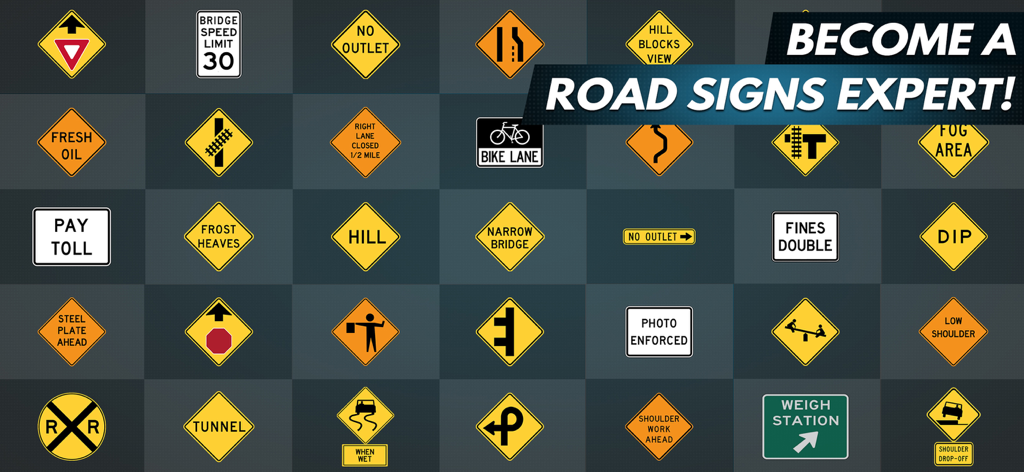 Driving Academy 2: 3D Car Game - Una colección de señales de tráfico de EE. UU. que aparecen en el juego móvil Academia de Conducción 2