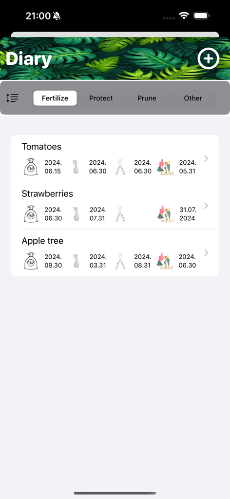 My garden journal - My garden journal app diary screen showing a list of plants with scheduled dates for fertilizing, spraying, and pruning