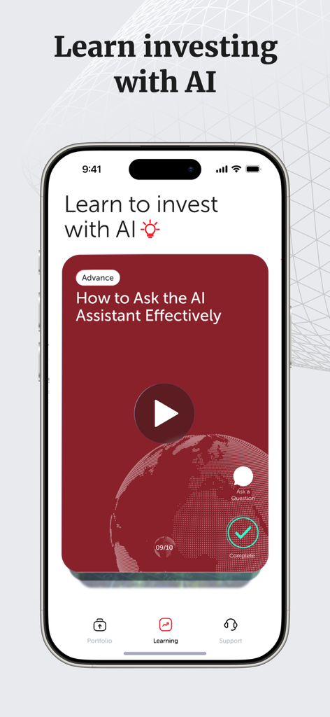 Educational video interface in the Dominant app showing how to interact with the AI investing assistant