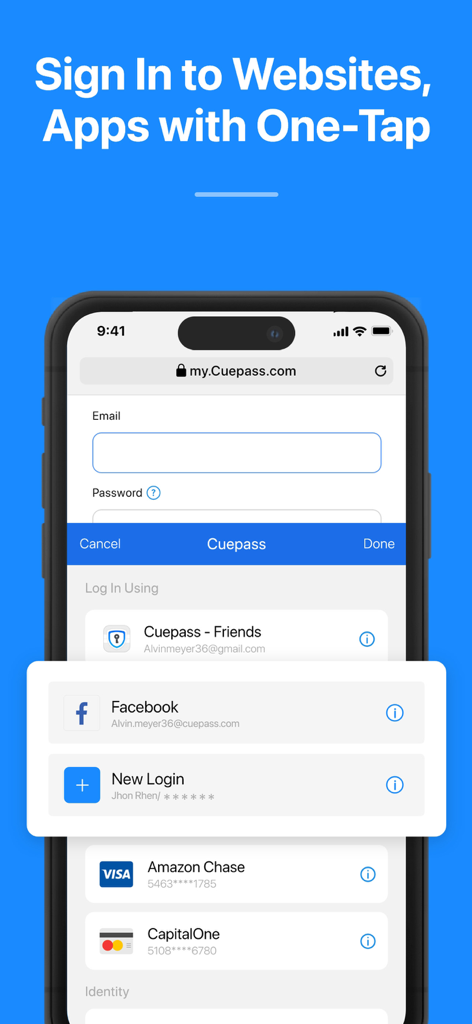 Password Manager ® - Bildschirm der Password Manager App, der die Ein-Tipp-Anmeldefunktion für Websites und Apps zeigt.