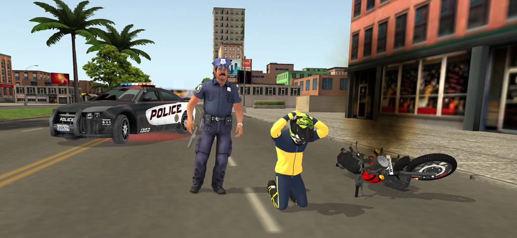 Biker in yellow gear surrendering to a police officer after crashing his motorcycle