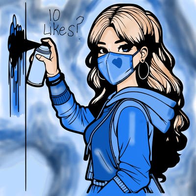 realistic girl with mask spray painting a wall