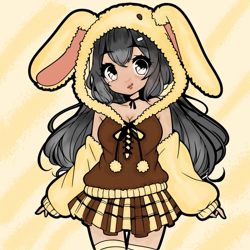 pretty anime girl wearing a fluffy hoodie with bunny ears on the hood and a skirt