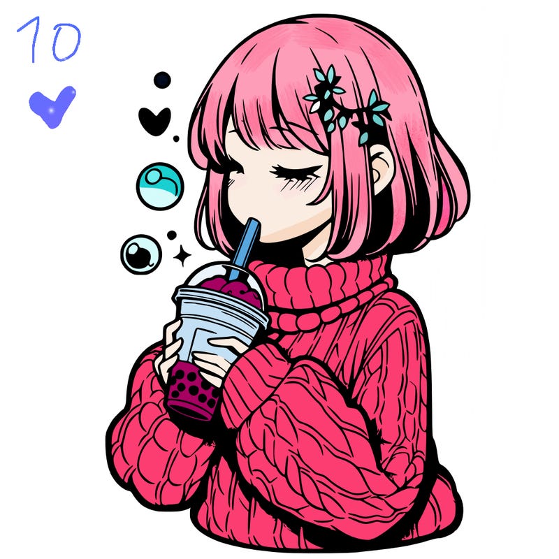 manga girl drinking boba in cozy sweater