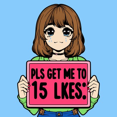 realistic girl holding up a sign that says “pls get me to 15 likes!”
