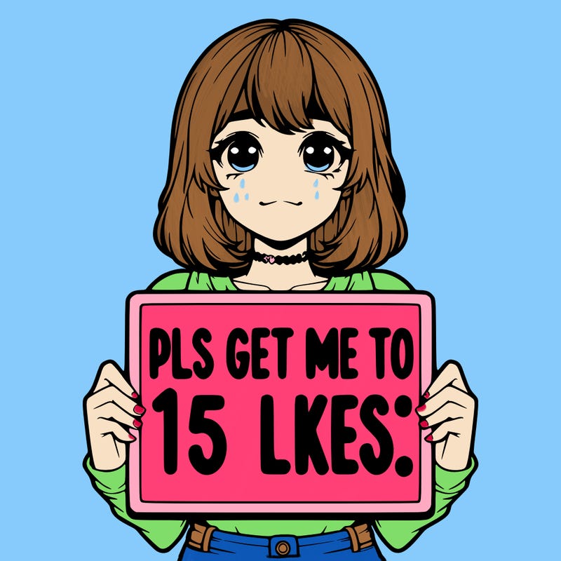 realistic girl holding up a sign that says “pls get me to 15 likes!”