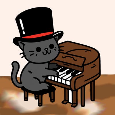 cat playing piano wearing a top hat