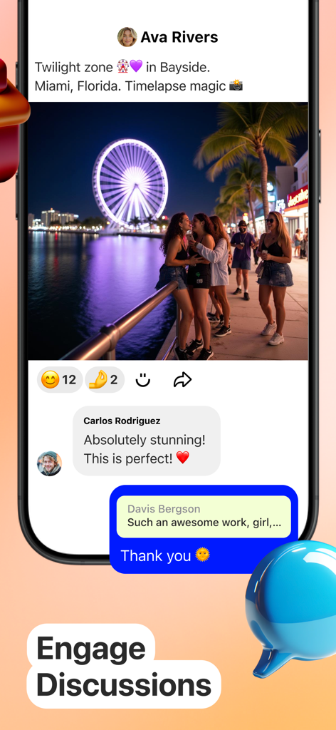 A mobile screen showing a social media post with a photo of a ferris wheel and comments under the Engage Discussions banner