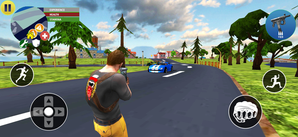 Real Gangster Vegas Mafia City - Third person view of a gangster holding a gun in an open world city with a blue sports car