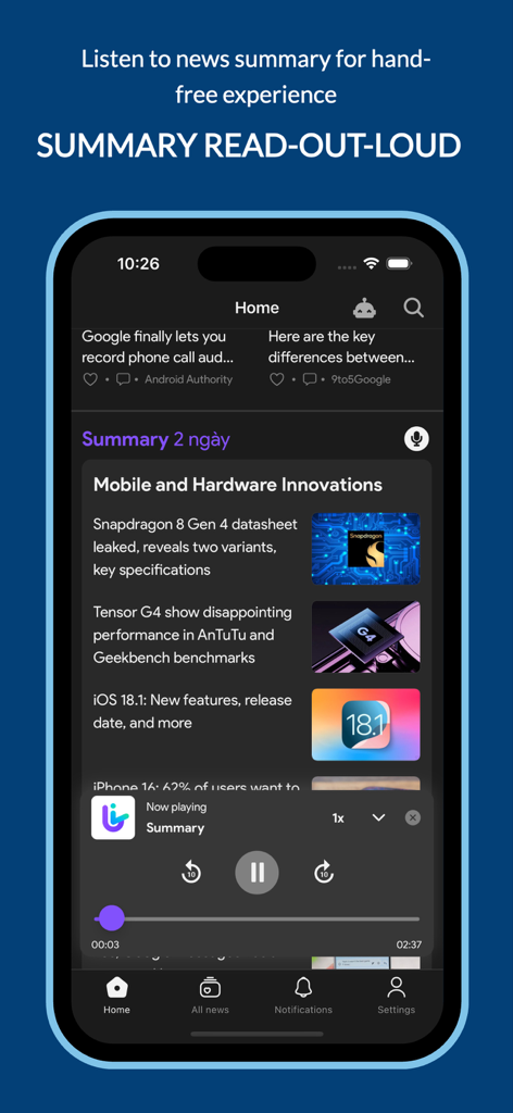 LiAi - Summarizing Tech News - LiAi app interface showing the summary read-out-loud feature with an audio player for tech news