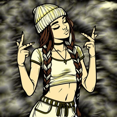 realistic teenage girl with braids and a beanie and crop top doing 🫶🏼