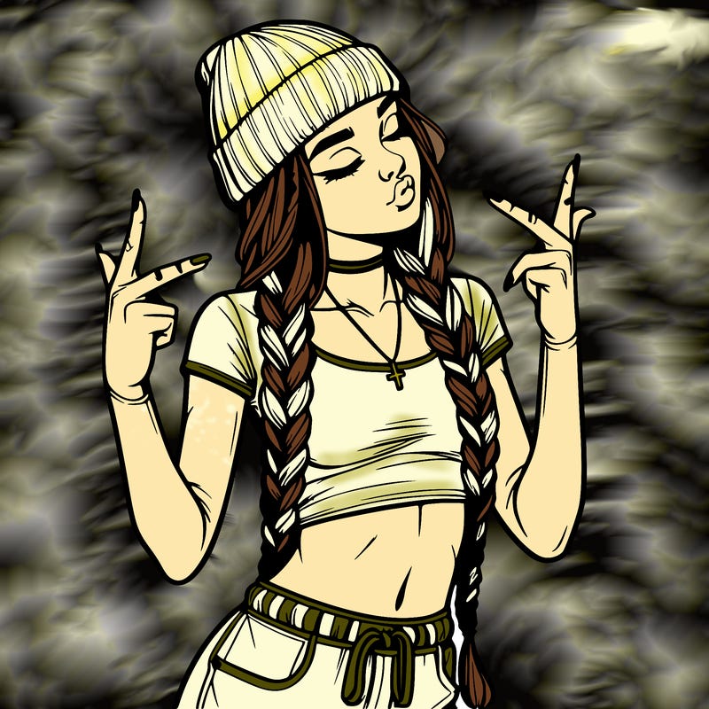 realistic teenage girl with braids and a beanie and crop top doing 🫶🏼