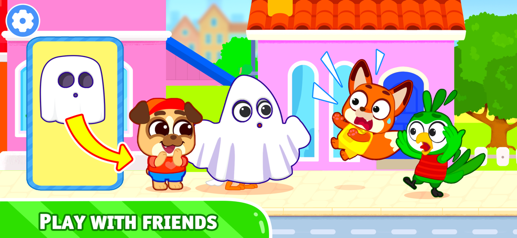 Personagens de animais de desenho animado brincando juntos em uma cena de cidade com uma fantasia de fantasma