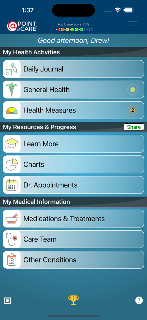 Panel principal de la aplicación COPD Manager que muestra secciones de actividades de salud, recursos e información médica.