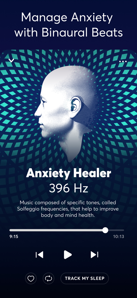 BetterSleep app interface for managing anxiety with binaural beats and solfeggio frequencies