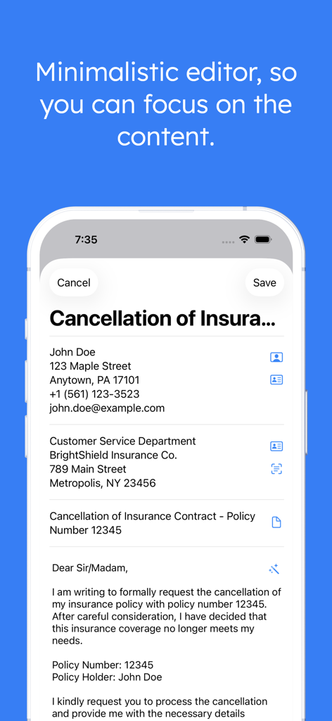 Letter: just write letters - Captura de pantalla de iPhone que muestra un editor minimalista para escribir una carta formal de cancelación de seguro en la app Letter