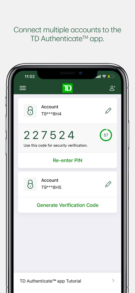 TD Authenticate - TD Authenticate app interface showing multiple accounts and a generated 6-digit security verification code with a timer.