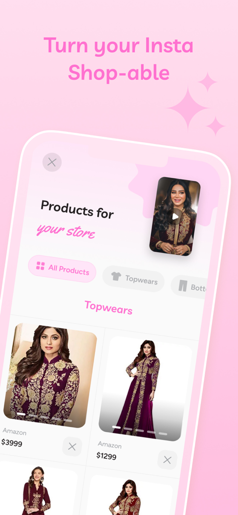 OpeninApp - Native App Opener - Interface d'OpenInApp montrant des produits pour une boutique Instagram vendable avec des liens d'affiliation Amazon