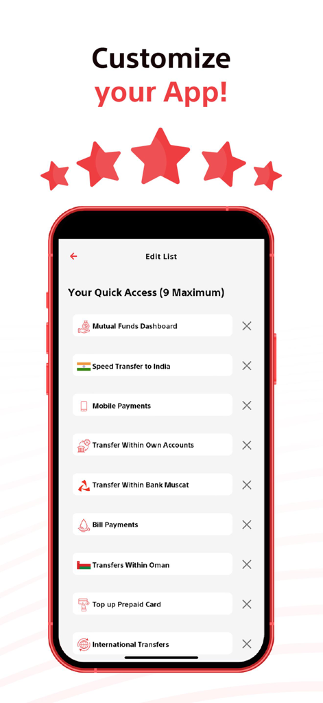 Bank Muscat Mobile Banking - Bank Muscat モバイルアプリのクイックアクセスカスタマイズメニュー画面。様々なバンキングサービスがリストされています。