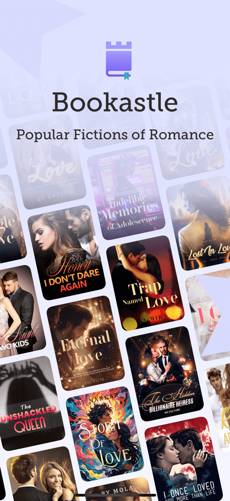 Bookastle app interface displaying a collection of popular romance novel covers.
