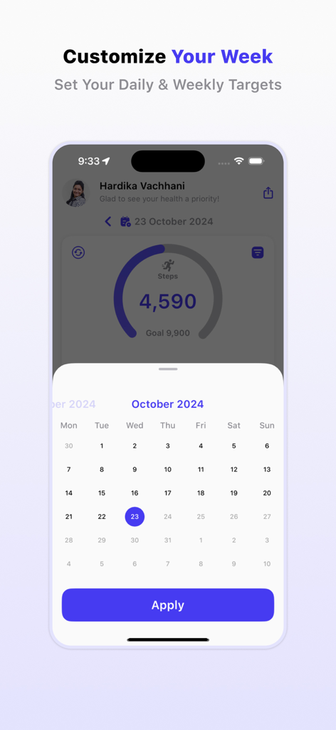 Step Tracker - Walk Watch - Interfaz de la aplicación Step Tracker para establecer objetivos diarios y semanales con una superposición de calendario.