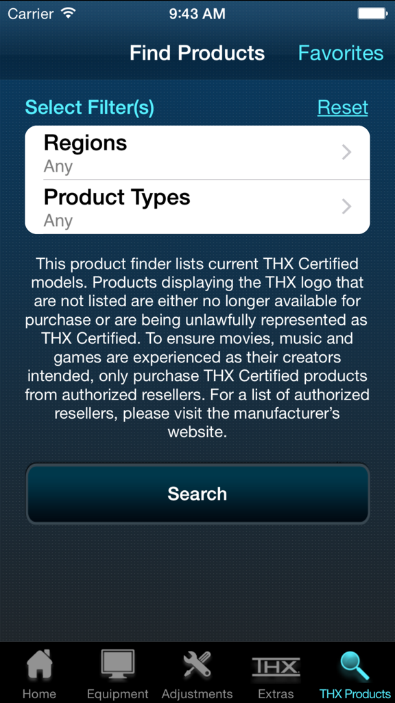 La pantalla del buscador de productos en la aplicación THX tune-up mostrando filtros por regiones y tipos de producto para encontrar equipos certificados.