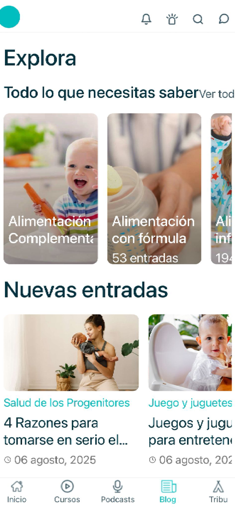 Criar con Sentido Común - Interfaz de la aplicación Criar con Sentido Común mostrando la sección de exploración con artículos de crianza y categorías de blog.