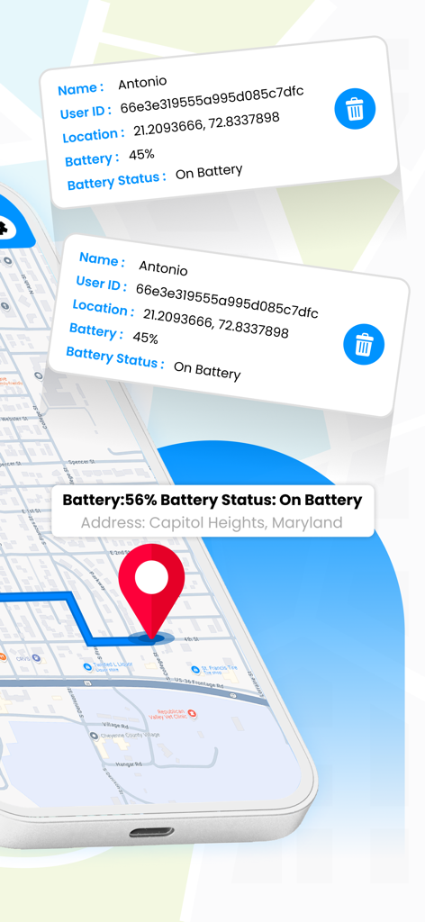 GPS Phone Tracker & Location - Interface do aplicativo Localizador de Celular GPS mostrando coordenadas de localização em tempo real e status da bateria de um usuário em um mapa