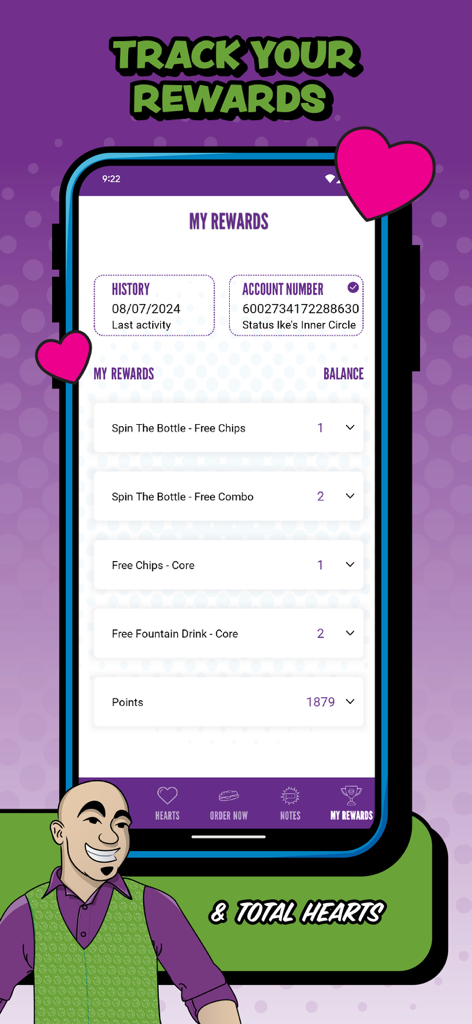 Ikes Love Rewards app interface showing the rewards track screen with points balance and free food items