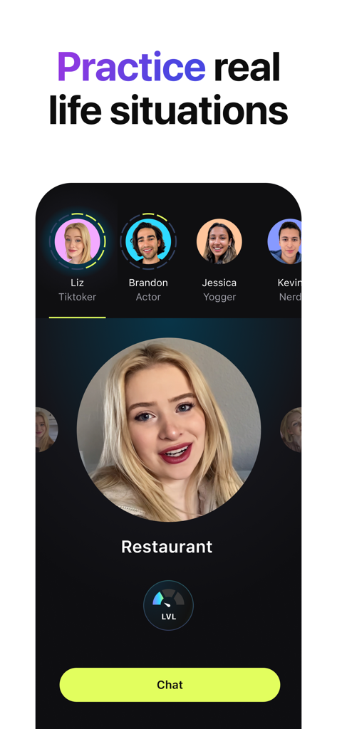 Lola Speak: English Practice - Lola Speak app interface showing English conversation practice in a restaurant scenario with interactive characters