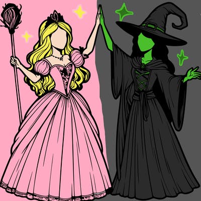 detailed realistic split of a princess and a witch