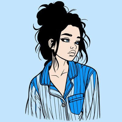realistic woman with pajamas on and a messy bun