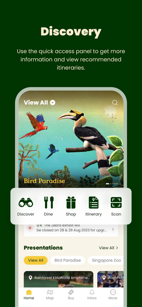Discovery screen of the Mandai Wildlife Reserve app showing Bird Paradise information and a quick access panel with itinerary options