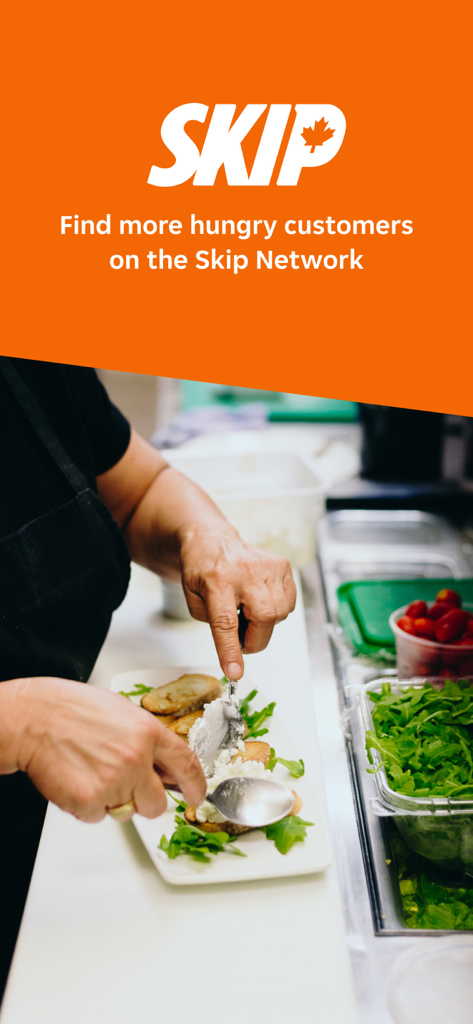 Chef preparing appetizers in a kitchen with Skip logo and text promoting customer growth
