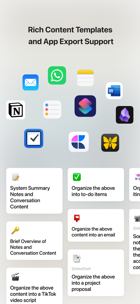 Screenshot of ideaShell app showing content templates and supported export integrations with apps like Notion Obsidian and Things
