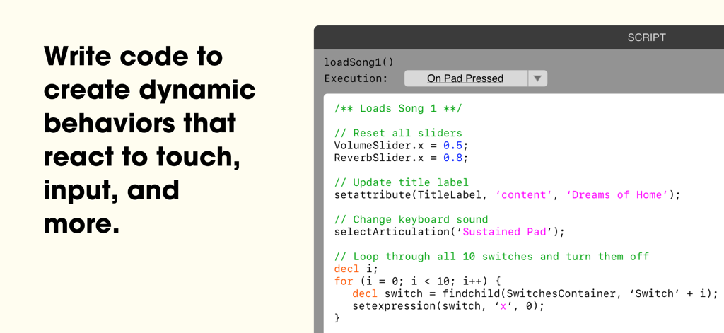 A screenshot of the Lemur app scripting interface showing custom code to automate MIDI controllers and music production workflows