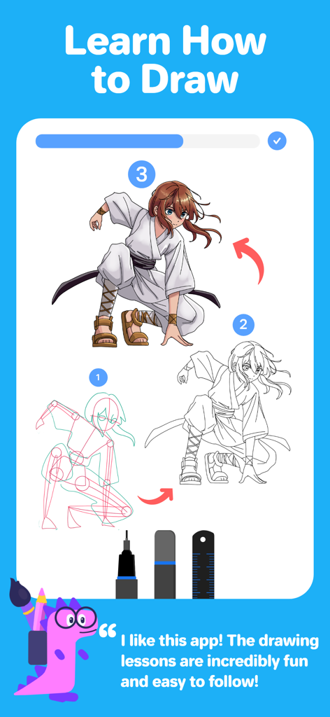 Drawing Desk:Learn to Draw App - Step by step anime drawing lesson showing construction lines to finished character