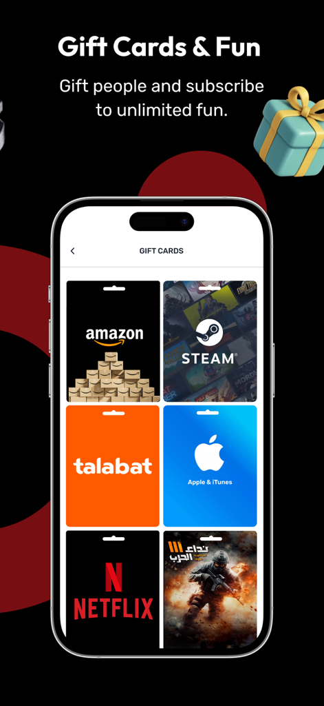 Ooredoo Oman - Ooredoo Oman Mobile App-Bildschirm mit einer Auswahl an digitalen Geschenkkarten, einschließlich Amazon, Netflix und Steam.