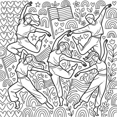 Immerse yourself in the vibrant spirit of Pride Month with this dynamic coloring page featuring contemporary dancers. Capture the joy of movement and community as you bring this expressive scene to life.