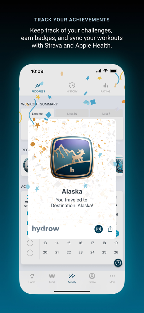 Hydrow app screen displaying a virtual achievement badge for completing a destination challenge in Alaska