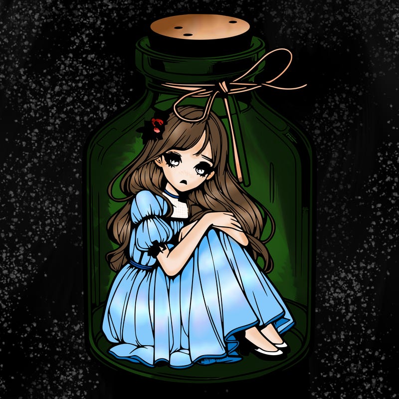 beautiful realistic girl trapped in bottle
