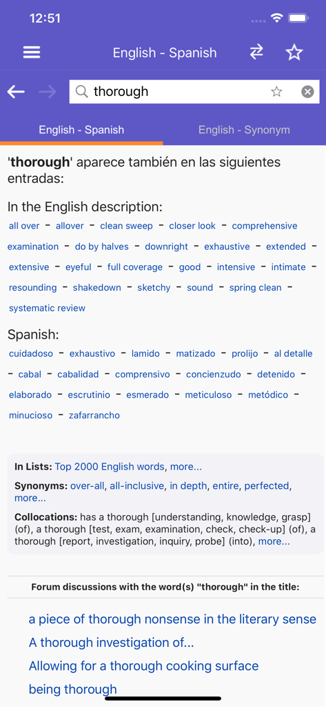 WordReference mobile app showing English to Spanish translation results for the word thorough with synonyms and forum discussions