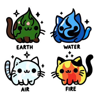 4 cats that represent the different elements, earth, water, air, and fire