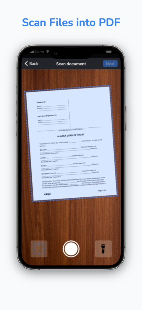 eSign App - Interface d'application mobile montrant un document papier en cours de numérisation avec l'appareil photo d'un smartphone pour créer un PDF