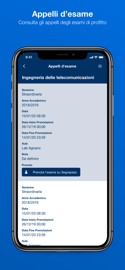 Docenti UNINA - Schermata dell'app Docenti UNINA che mostra i dettagli della sessione d'esame e un pulsante di registrazione per gli studenti universitari.