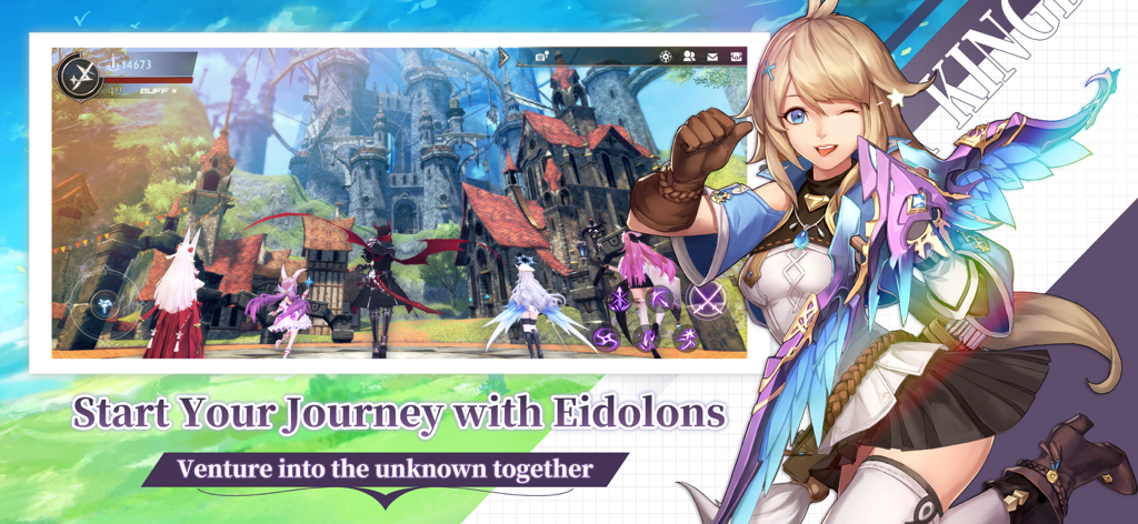 Personaje de anime con un arma mágica colorida y jugadores explorando un pueblo de fantasía en Aura Kingdom 2 Evolution