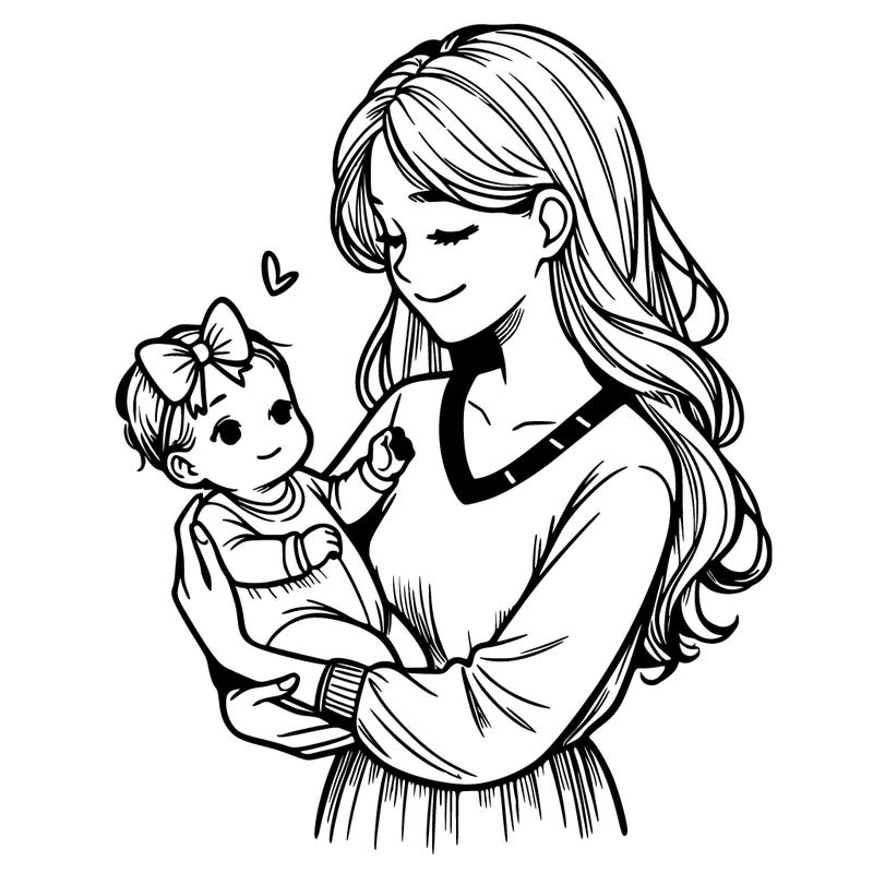 mother carrying baby in arms, the baby has a bow realistic