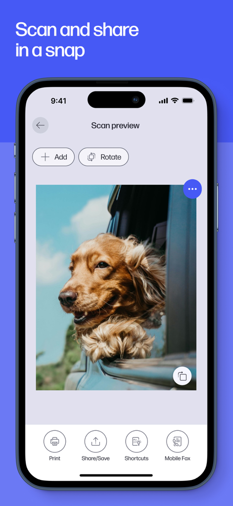 HP app scan preview screen showing a photo of a dog with options to print and share