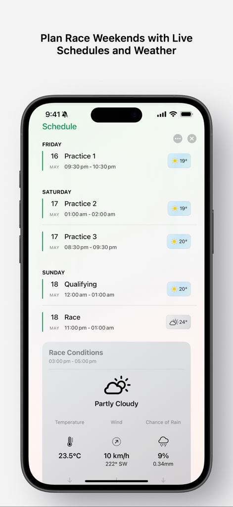 Formula Apex 앱 인터페이스로, 연습 세션, 예선, 레이스 시간을 포함한 상세한 F1 레이스 주말 일정을 실시간 날씨 조건과 함께 표시합니다.
