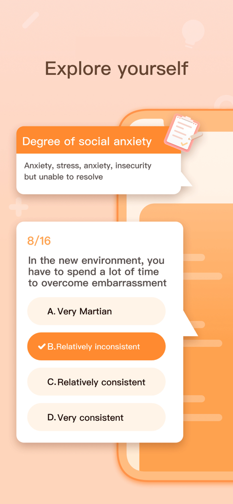 Life Key app interface showing a social anxiety personality test question with multiple choice options